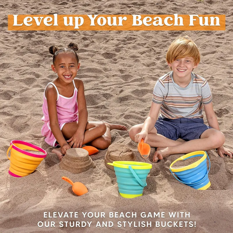 3Pcs Collapsible Beach Toy Buckets with Shovels
