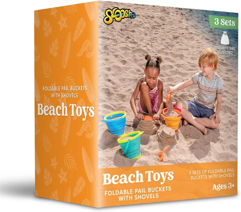 3Pcs Collapsible Beach Toy Buckets with Shovels