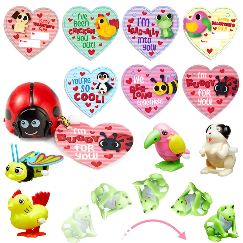 28Pcs Wind Up Toy with Kids Valentines Cards for Valentine Party Favors