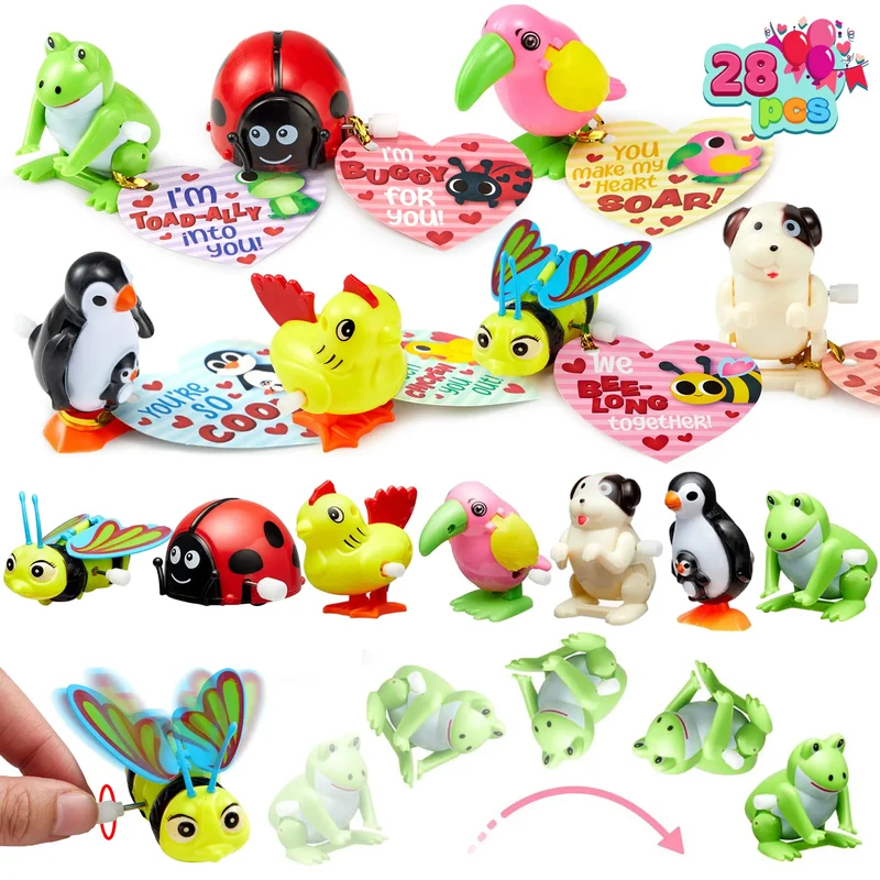 28Pcs Wind Up Toy with Kids Valentines Cards for Valentine Party Favors