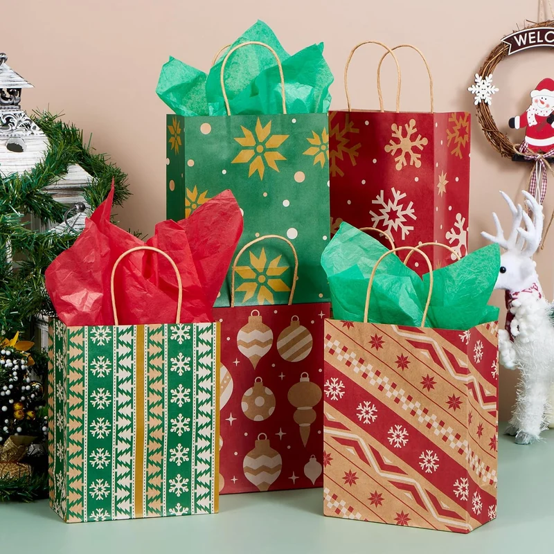 24 PCS Christmas Kraft Bags Holiday Paper Goody Gift Bags with Handles for Xmas Gifts Wrapping Party