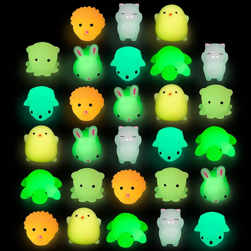 28Pcs Mochi Squishy Toys with Glow-in-The-Dark Kids Valentines Exchange Cards
