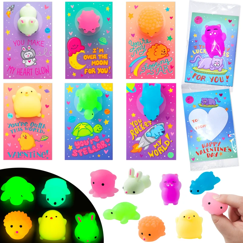 28Pcs Mochi Squishy Toys with Glow-in-The-Dark Kids Valentines Exchange Cards