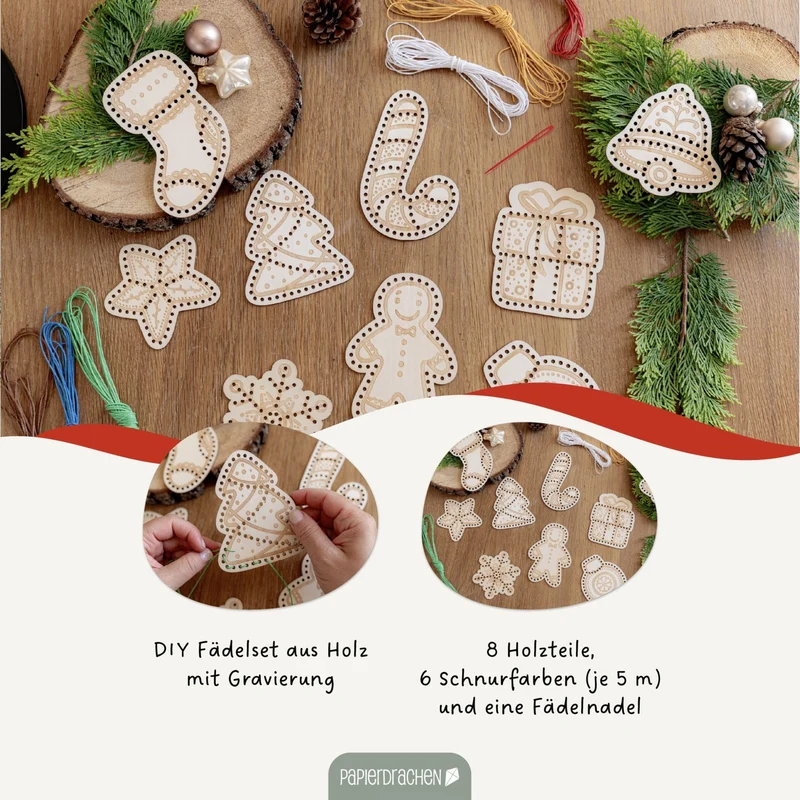 Fädelset aus Holz zu Weihnachten
