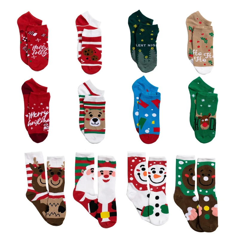 12 Days Advent Calendar - Socks, 12 Packs (Santa, Snowman, Reindeer, Gingerbread Man)