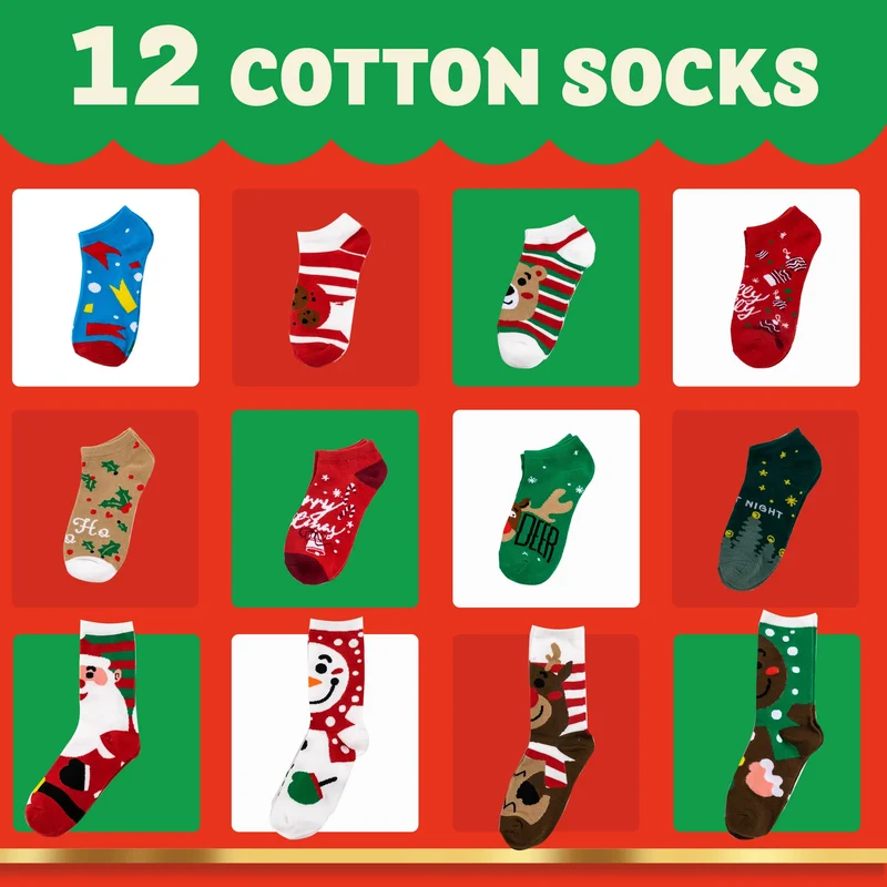 12 Days Advent Calendar - Socks, 12 Packs (Santa, Snowman, Reindeer, Gingerbread Man)