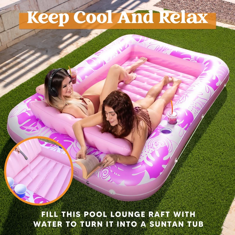 SLOOSH-Extra Large Inflatable Tanning Pool & Yard Lounger With Cup Holder, Pink