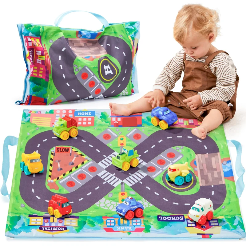 Toy Cars for Toddlers, 8 PCS Rubber Cartoon Cars with Play Mat