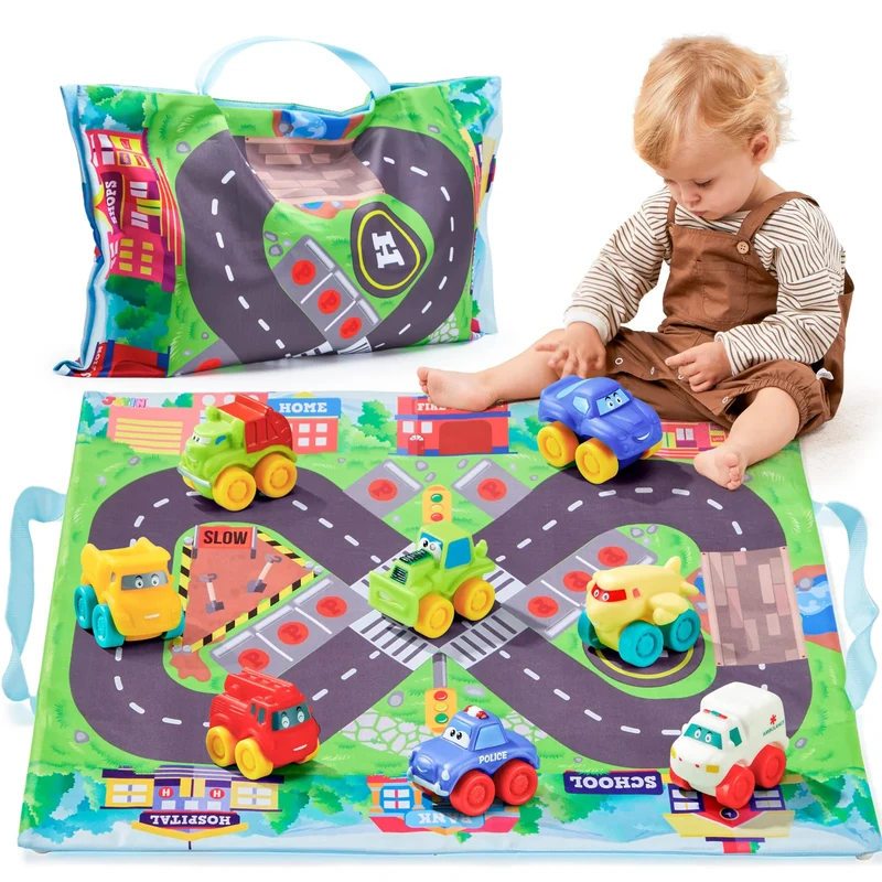 Toy Cars for Toddlers, 8 PCS Rubber Cartoon Cars with Play Mat