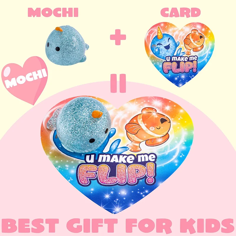 28Pcs Glitter Mochi Toys with Kids Valentines Cards for Classroom Exchange