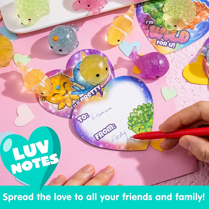 28Pcs Glitter Mochi Toys with Kids Valentines Cards for Classroom Exchange