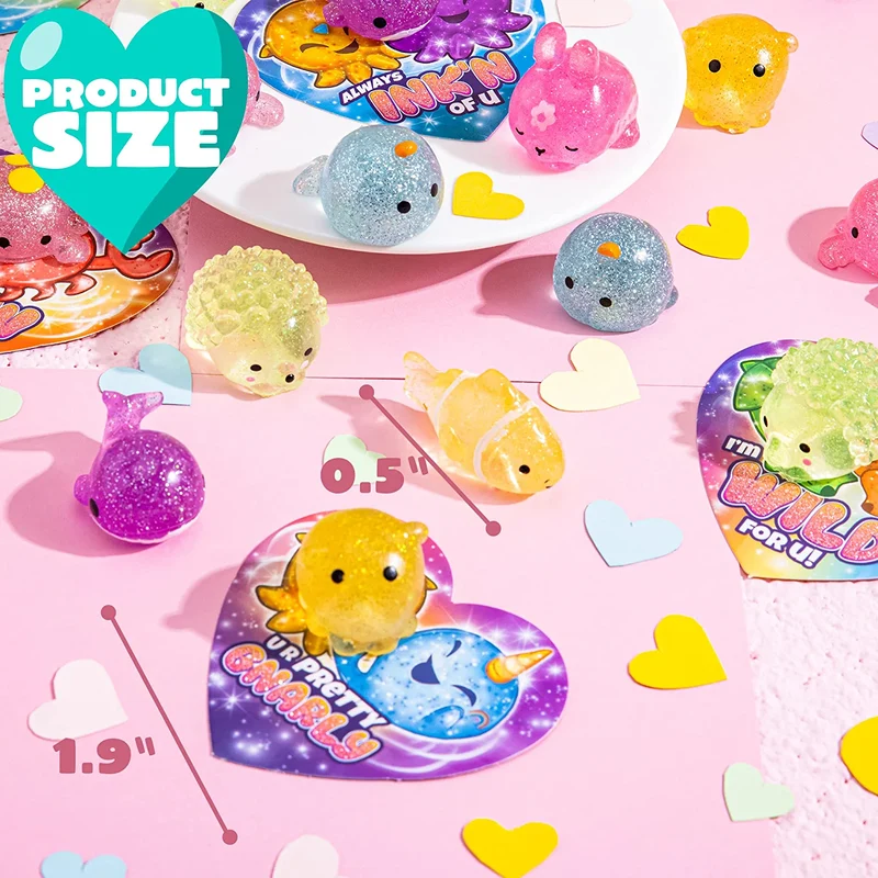 28Pcs Glitter Mochi Toys with Kids Valentines Cards for Classroom Exchange