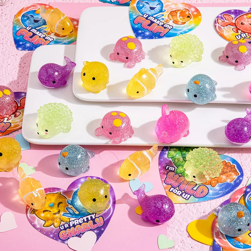 28Pcs Glitter Mochi Toys with Kids Valentines Cards for Classroom Exchange