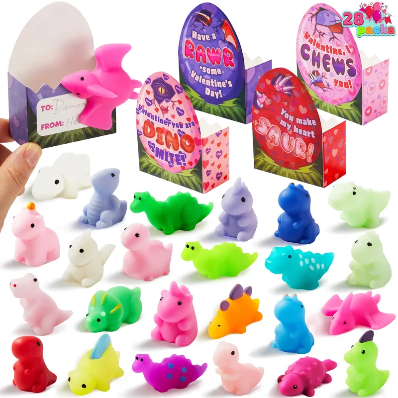 28Pcs Glitter Mochi Toys with Kids Valentines Cards for Classroom Exchange
