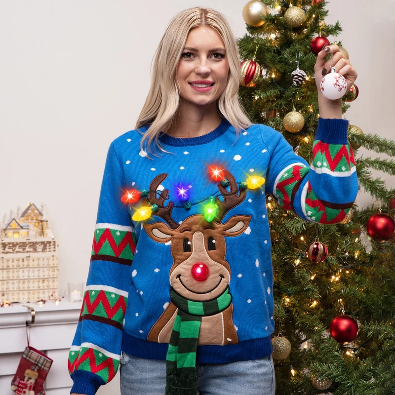 Adult Reindeer Ugly Blue Sweater with Light Bulbs