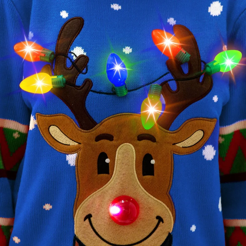 Adult Reindeer Ugly Blue Sweater with Light Bulbs