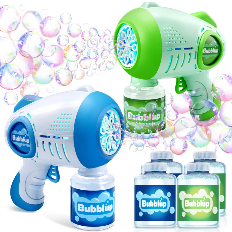 2Pcs 10 Holes Light Up Automatic Bubble Guns with 4 Bottles Bubble Refill Solution