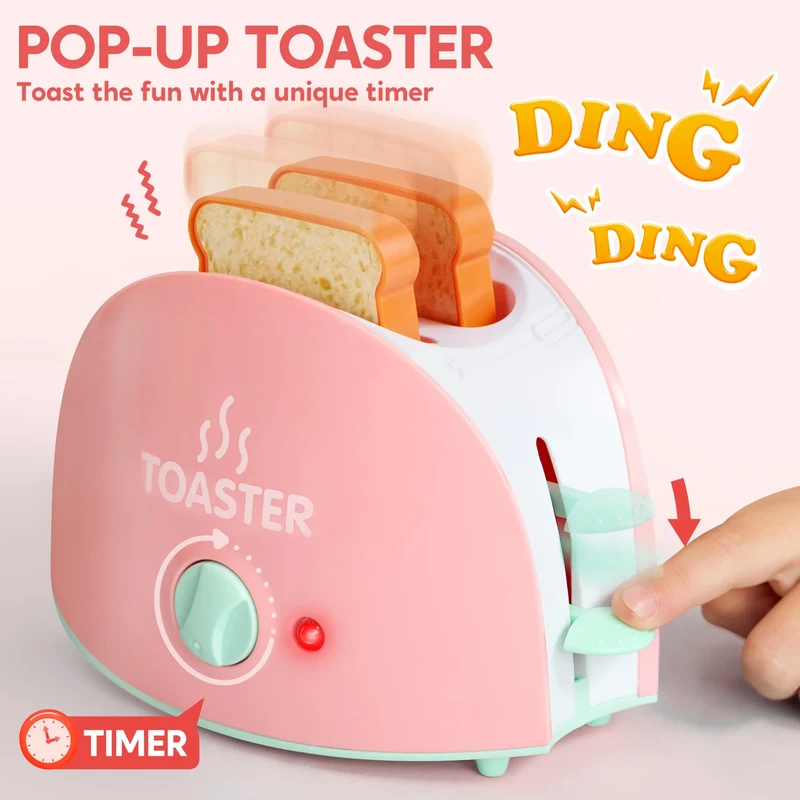 Pink Pretend Play Kitchen Appliances Toy Set with Coffee Maker, Mixer, Toaster