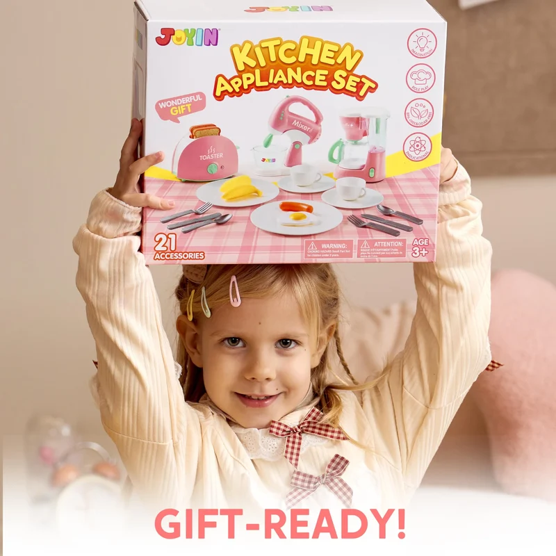 Pink Pretend Play Kitchen Appliances Toy Set with Coffee Maker, Mixer, Toaster