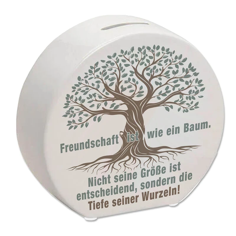 Baum mit Wurzeln Spardose mit Spruch: Freundschaft wächst durch tiefe Wurzeln