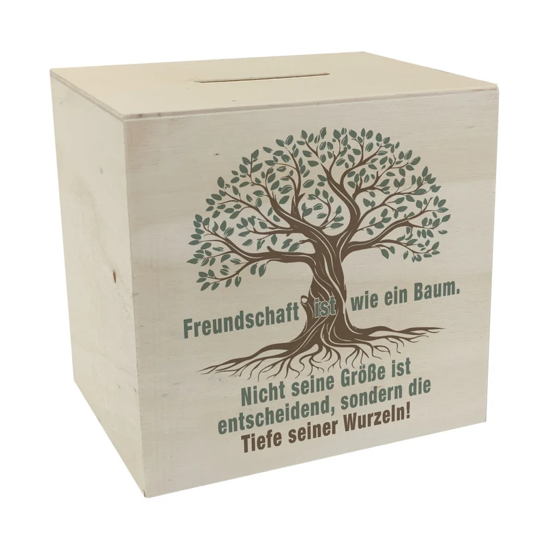 Baum mit Wurzeln Spardose mit Spruch: Freundschaft wächst durch tiefe Wurzeln