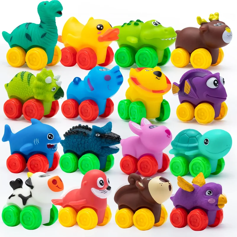 16Pcs Animal Soft Rubber Car Set Toy, Baby Mini Bath Toy Cars
