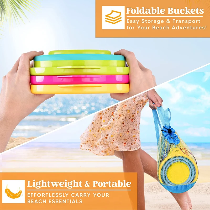 3 Packs Foldable Pail Bucket with Shovels (Bonus Mesh Bag)