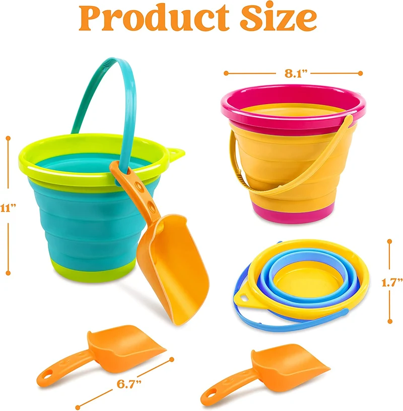 3 Packs Foldable Pail Bucket with Shovels (Bonus Mesh Bag)