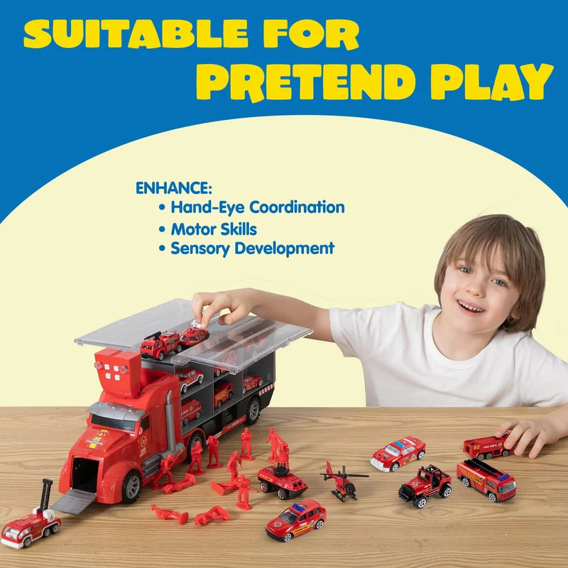25 in 1 Fire Rescue Carrier Truck Toy Set with 12 Diecast Vehicles & 12 Figures