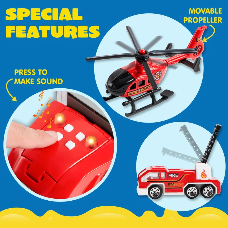 25 in 1 Fire Rescue Carrier Truck Toy Set with 12 Diecast Vehicles & 12 Figures