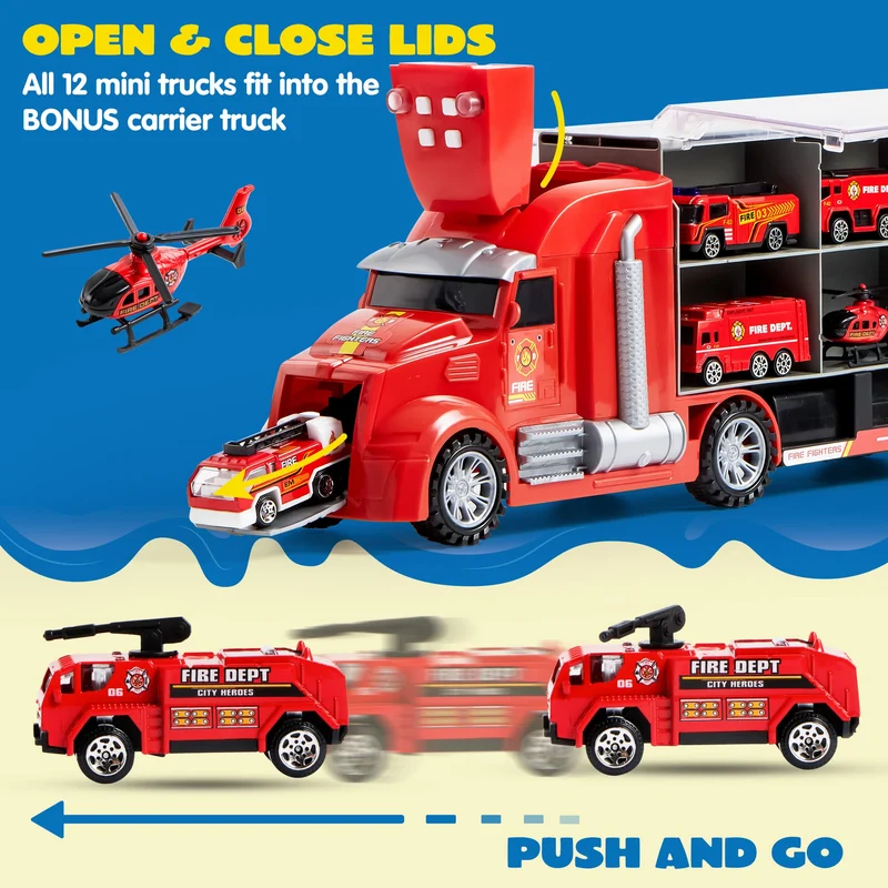 25 in 1 Fire Rescue Carrier Truck Toy Set with 12 Diecast Vehicles & 12 Figures