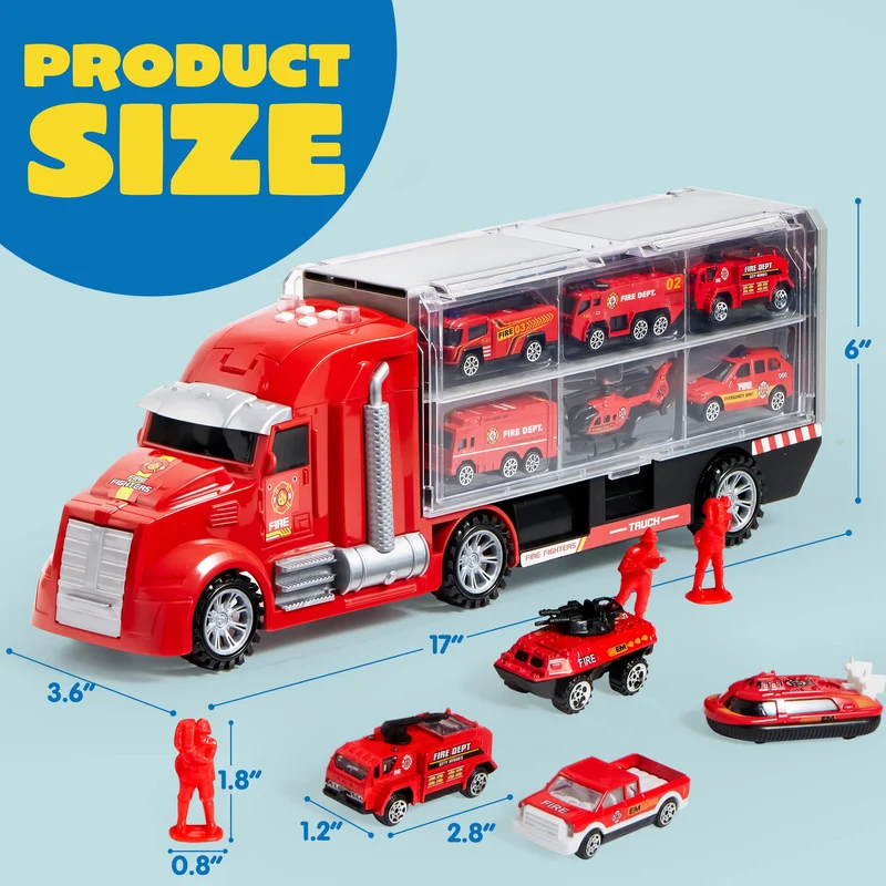 25 in 1 Fire Rescue Carrier Truck Toy Set with 12 Diecast Vehicles & 12 Figures
