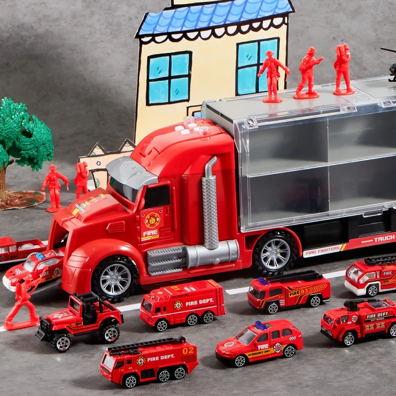 25 in 1 Fire Rescue Carrier Truck Toy Set with 12 Diecast Vehicles & 12 Figures