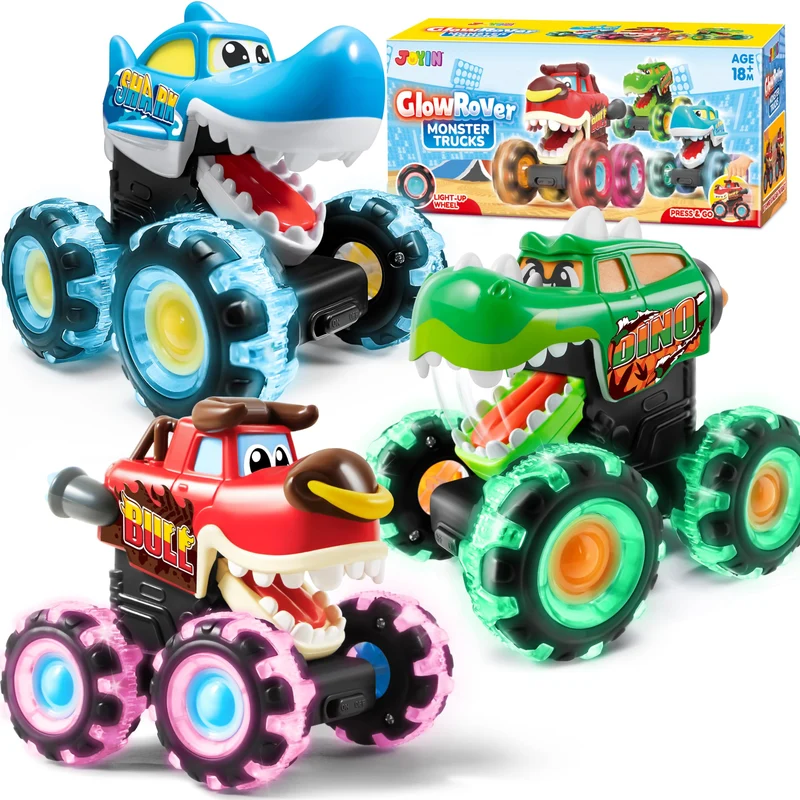 3 Pack Monster Truck Toy - Motion Activated Light Up Cars for Toddlers