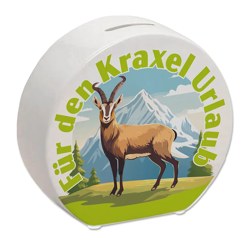Steinbock Spardose mit Spruch: Für den Kraxel Urlaub