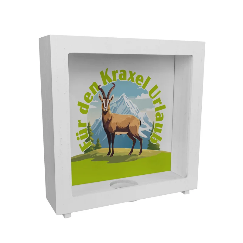 Steinbock Spardose mit Spruch: Für den Kraxel Urlaub