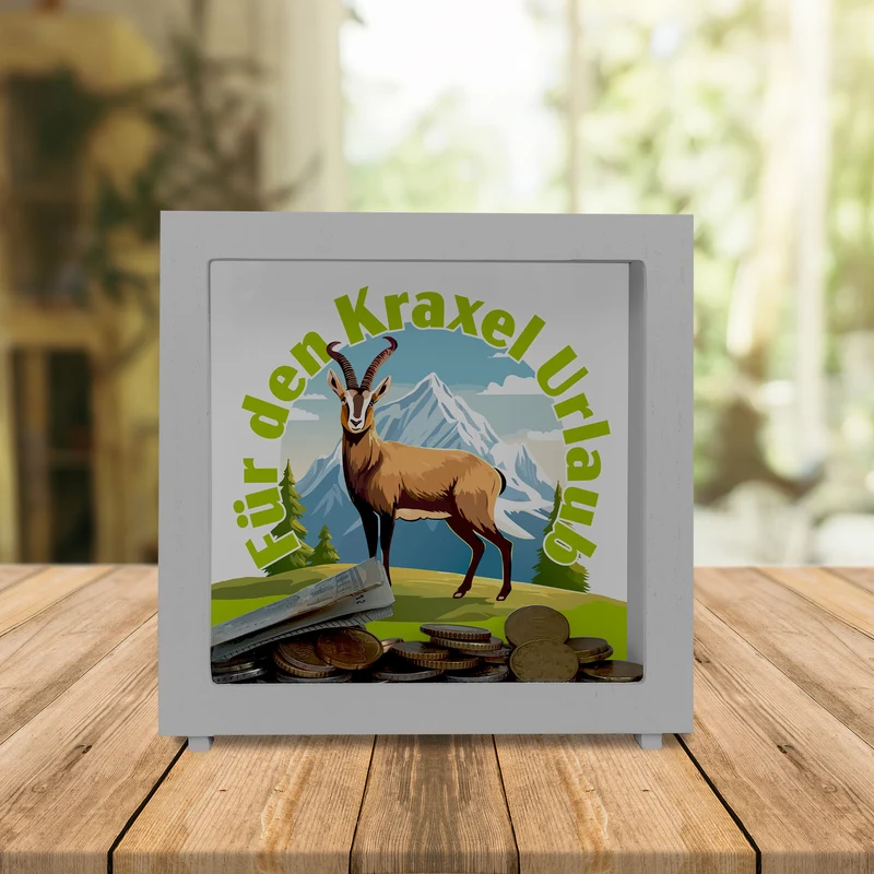 Steinbock Spardose mit Spruch: Für den Kraxel Urlaub