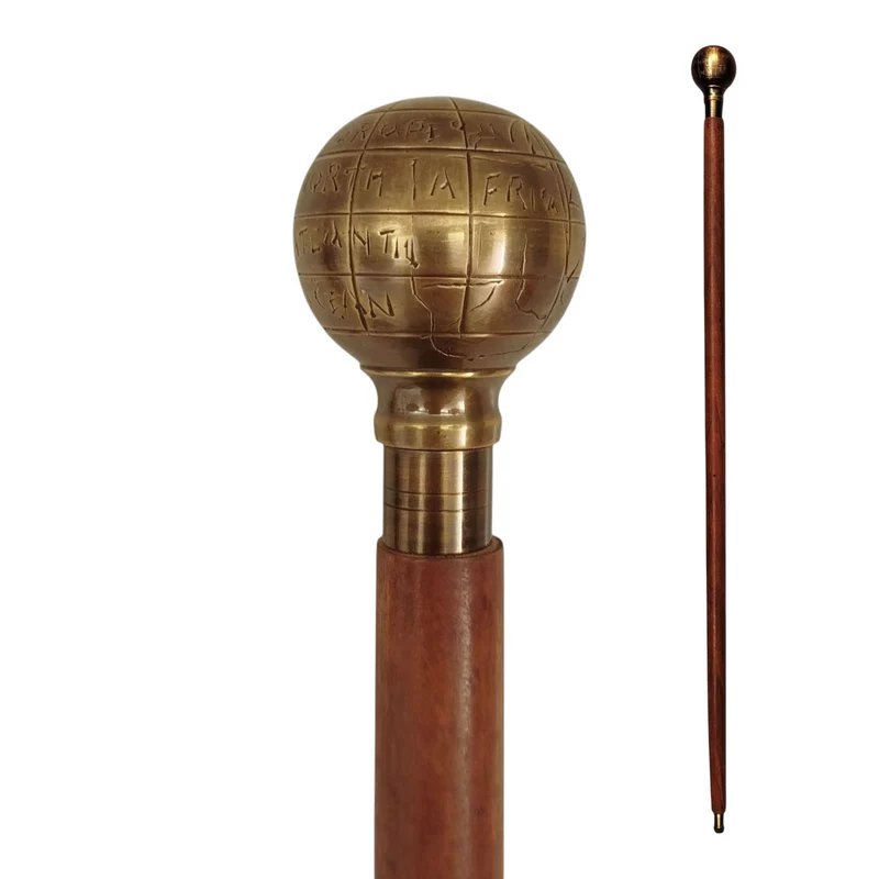 Weltkugel Spazierstock aus Holz mit goldenem Griff aus Messing