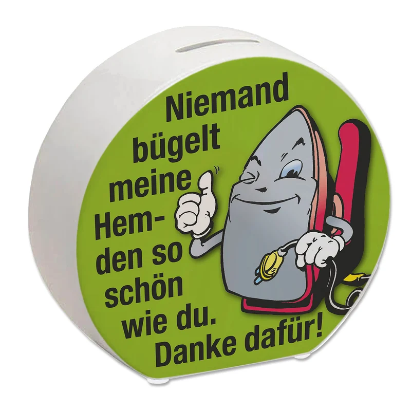Lächelndes Bügeleisen Spardose mit Spruch: Danke fürs schöne Hemdenbügeln!