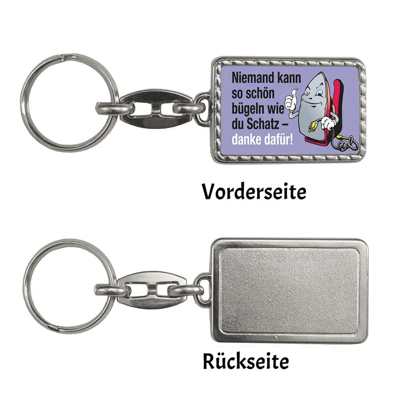 Lächelndes Bügeleisen Schlüsselanhänger mit Spruch: Niemand bügelt schöner als du.