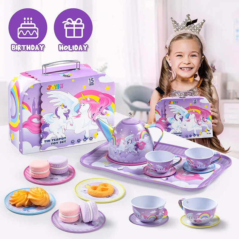 Purple Unicorn Castle Pretend Tin Teapot Set