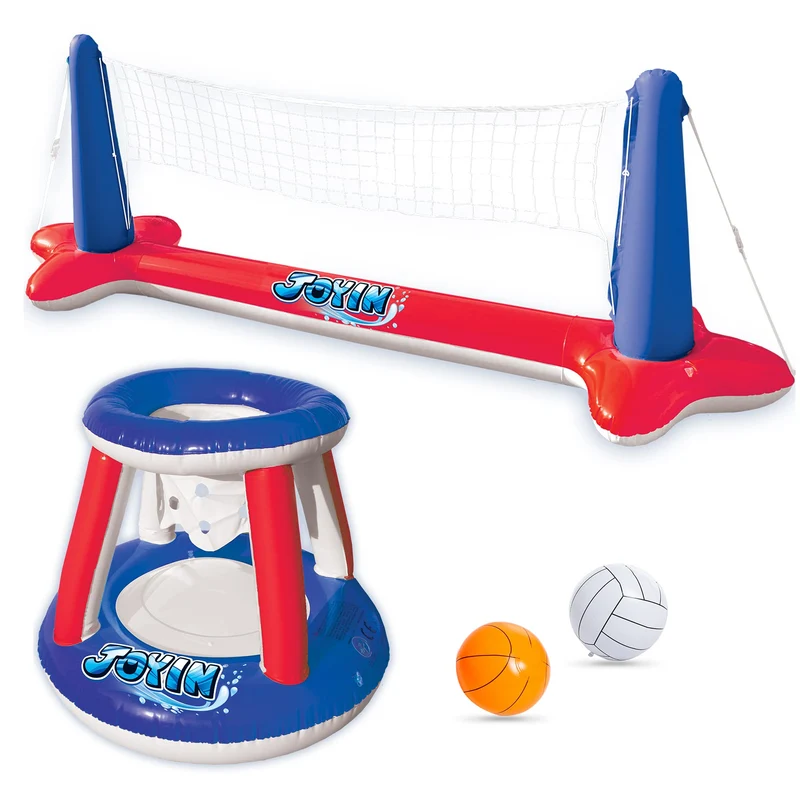SLOOSH - Inflatable Volleyball Net & Basketball Hoops Red & Blue Pool Float Set