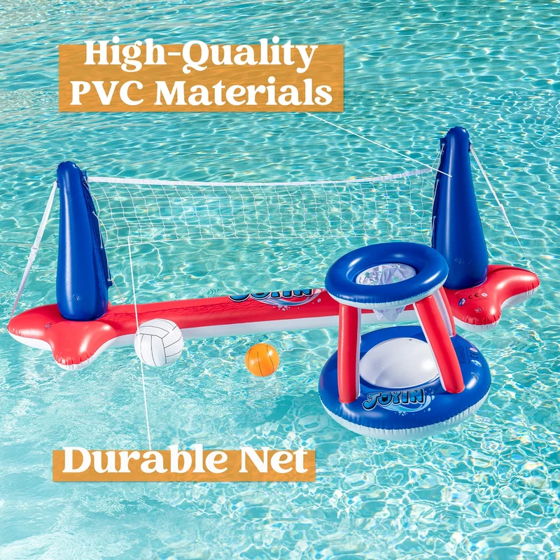 SLOOSH - Inflatable Volleyball Net & Basketball Hoops Red & Blue Pool Float Set