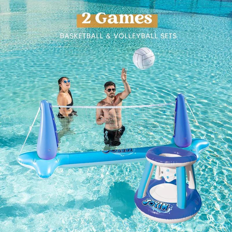 SLOOSH - Inflatable Volleyball Net & Basketball Hoops Pool Float Set, Blue
