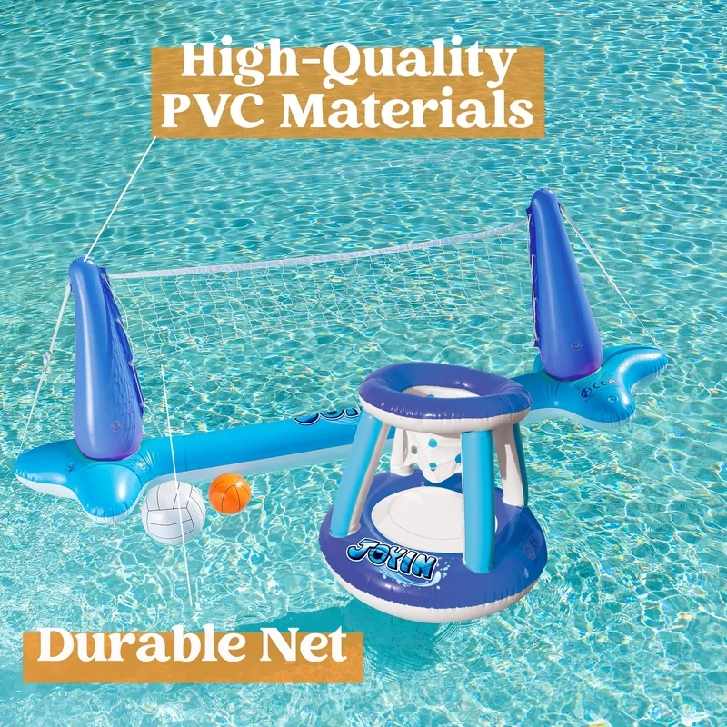 SLOOSH - Inflatable Volleyball Net & Basketball Hoops Pool Float Set, Blue