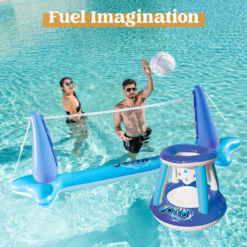 SLOOSH - Inflatable Volleyball Net & Basketball Hoops Pool Float Set, Blue