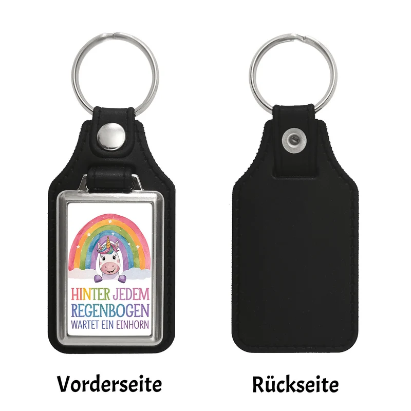 Lächelndes Einhorn Schlüsselanhänger Hinter jedem Regenbogen