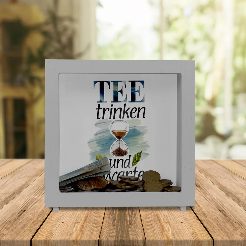 Sanduhr mit Teeblättern Spardose Tee trinken und abwarten