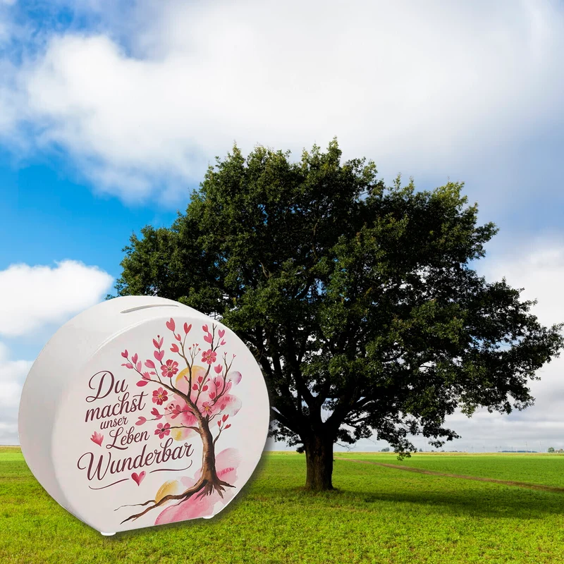 Du machst unser Leben wunderbar Spardose Baum mit Blumen