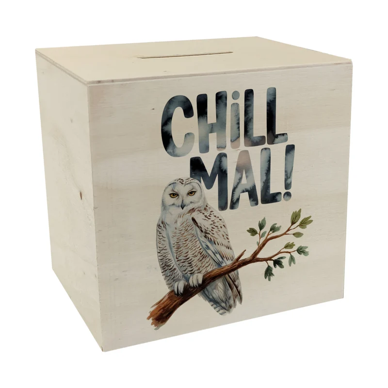 Entspannte Schneeeule Chill mal Spardose
